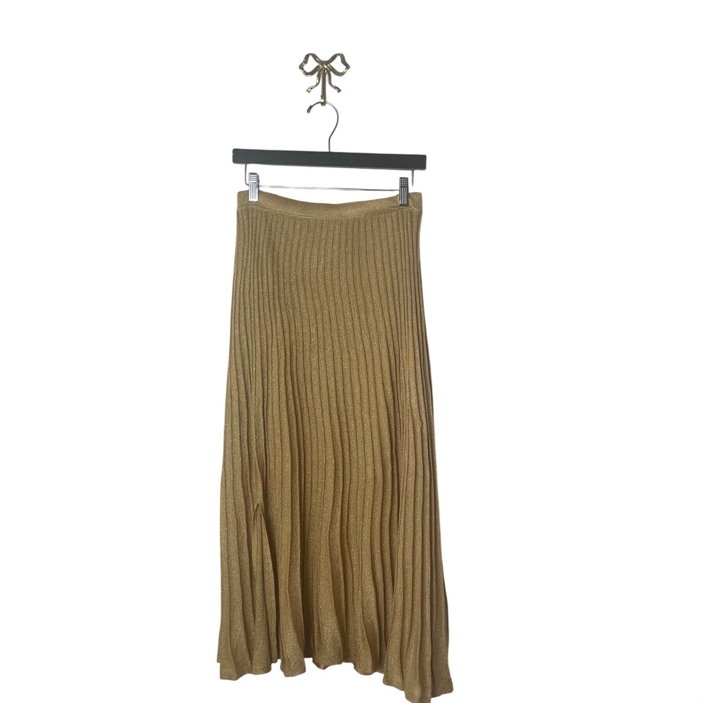 Sandro Paris Gold Metallic Pleated Midi Skirt Side Slit Knit Size 2 - Picture 4 of 9